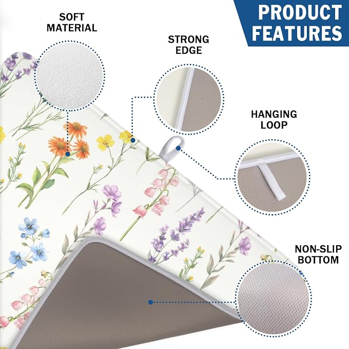 Spring Summer Colorful Floral Dish Drying Mat 18x24 Inch | Wildflower，Polyester，Absorbent Microfiber，for Kitchen Coffee Dining Bar Decor