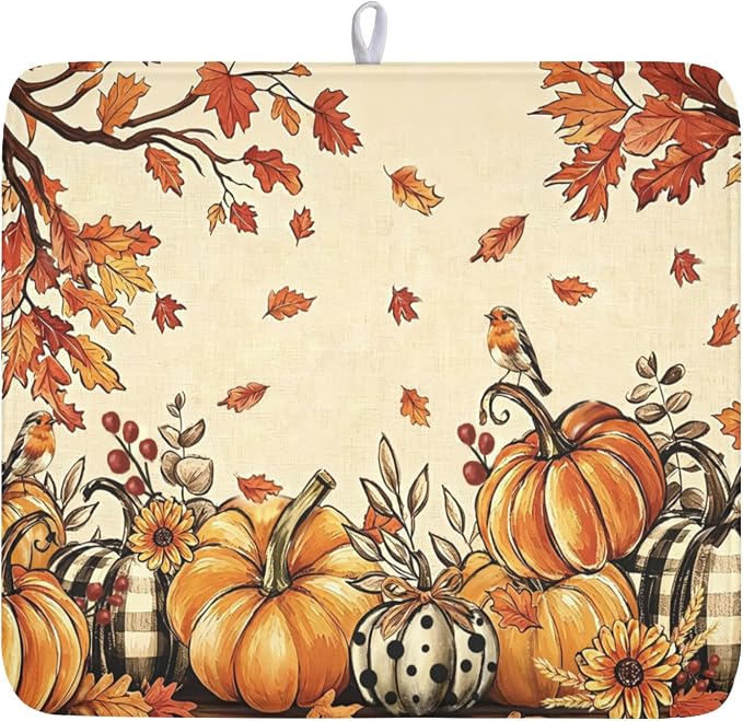 Fall Orange Pumpkin Dish Drying Mat for Kitchen Counter 16 x 18 Inch Autumn Maple Leaf Dish Drainer Mat Absorbent Microfiber Thanksgiving Harvest Dish Rack Pad for Coffee Dining Bar Decor