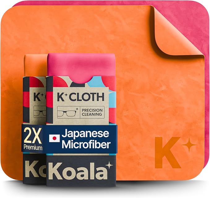 Koala Lens Cleaning Cloth | Japanese Microfiber | Pink & Orange (Pack of 2) | Glasses Cleaning Cloths | Eyeglass Lens Cleaner | Eyeglasses, Camera, VR/AR Headset, and Screen Cleaner | Washable & Reusable