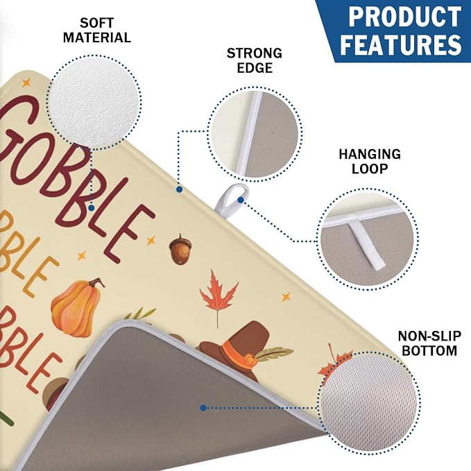 Thanksgiving Turkey Dish Drying Mat for Kitchen Counter 18x24 Inch Pumpkin Dish Drainer Mat Absorbent Microfiber Gobble Dish Rack Pad for Fall Holiday Coffee Dining Bar Decor