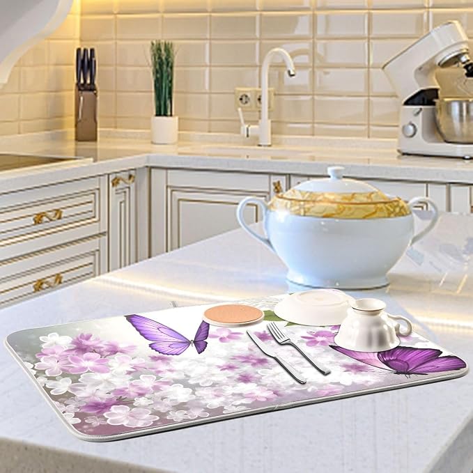Butterflies Flowers Purple Dish Drying Mat for Kitchen, Absorbent Microfiber Drying Pad Dish Mat, 16" X 18"