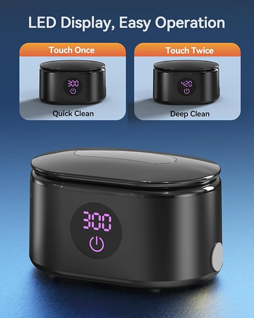 BYASKZIV Ultrasonic Jewelry Cleaner, 48KHz Ultrasonic Cleaner Machine with 20oz 304 Stainless Steel Tank, Dual Modes & LED Display - for Jewelry, Eyeglasses, Watches, Dentures, Retainers & More-Black