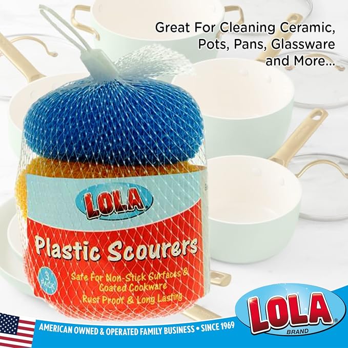 LOLA Plastic Mesh Scouring Pads - 3 Pack, 3.375" x 1.25", Non-Scratch Dish Scrubbers to Clean Dishes, Assorted Colors - Red, Blue & Yellow