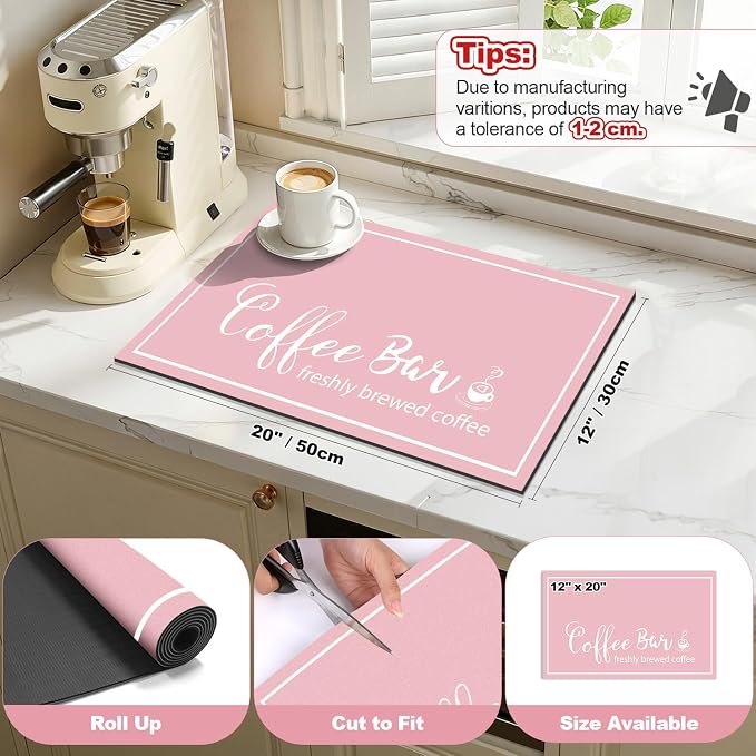 Findosom Dish Drying Mat, 12" x 20" Super Absorbent & Hide Stain Coffee Mat, Cuttable Drying Mat for Kitchen Counter, Coffee Bar Accessories, Under Dish Rack, Coffee Maker, Espresso Machine, Pink
