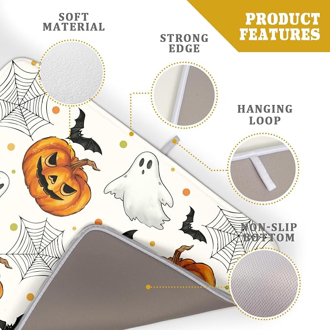 Halloween Dish Drying Mat for Kitchen Counter Ghost Pumpkin Festival Microfiber Absorbent Dish Draining Reusable Washable Foldable Extra Large 18"x24"