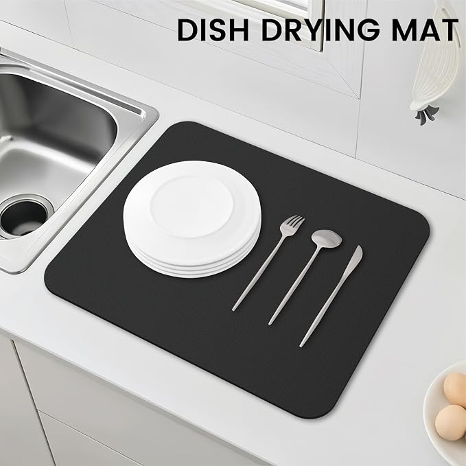 WISELIFE Dish Drying Mat Super Absorbent Drying Mat Large Dish Drying Mats for Kitchen Counter Easy Clean Dish Mat Kitchen Drying Mat15"x 18" Classic Black