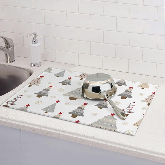 Absorbent Dish Drying Mat For Kitchen Counter, Christmas Tree Microfiber Dish Drying Pad 18x24 Inch, Kitchen Gadgets For Easy Clean Multi-Use