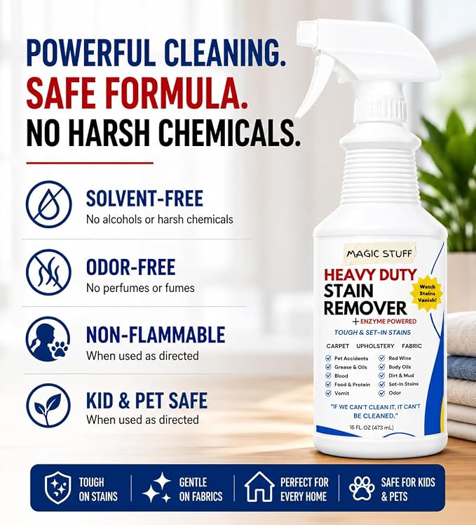 Magic Stuff Heavy Duty Stain Remover - Enzyme-Powered Carpet & Upholstery Cleaner - Eliminates Pet Urine, Odor, Wine, Coffee, Grease, and Deep Set Stains - No rinse, Odor Free, Kid & Pet Safe Formula