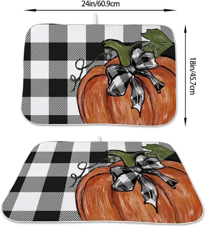 Fall Dish Drying Mat 18 x 24 Inch Thanksgiving Buffalo Plaid Pumpkin Drying Mat for Kitchen Counter Absorbent Farmhouse Autumn Orange Pumpkin Dishes Dry Pad for Drainer Rack Kitchen Fast Dry