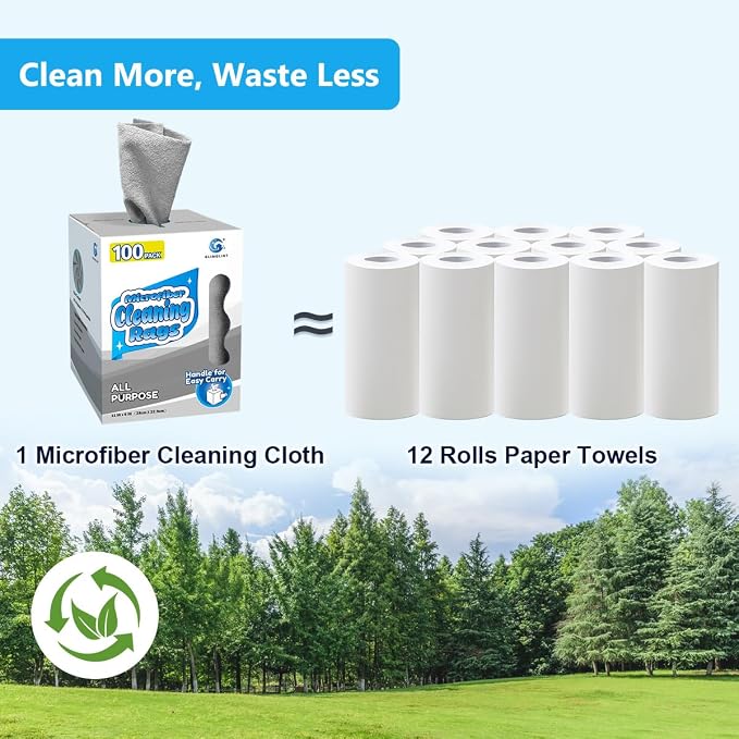 GLIMGLINT Microfiber Cleaning Cloth, 100 Pack Cleaning Rags, Lint-Free, Ultra Absorbent Reusable Paper Towels for Home, Kitchen, Car, Garage or Shop, Microfiber Rags, 11" x 9", Grey