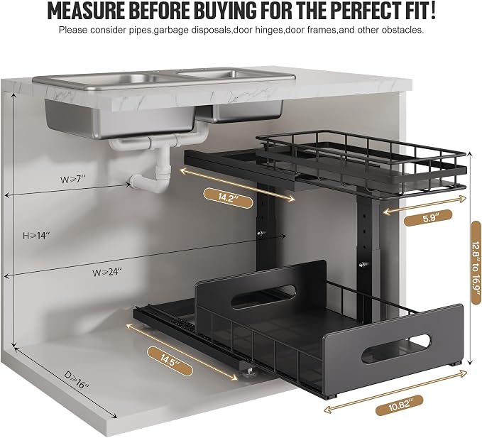 Under Sink Organizer Upgrade To Professional Rails,2-Tier Dual Pull Out Cabinet Storage,Height Adjustable Slide Out Drawers For Bathroom Kitchen,2 Pack-14.5" Dx12.8-16.9" H,Black