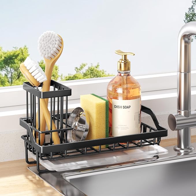 Consumest Sponge Holder for Kitchen Sink - Kitchen Sink Caddy Organizer with Removable Drip Tray for Countertop Dish Soap Dispenser Brush Storage Accessories 304 Stainless Steel - Black