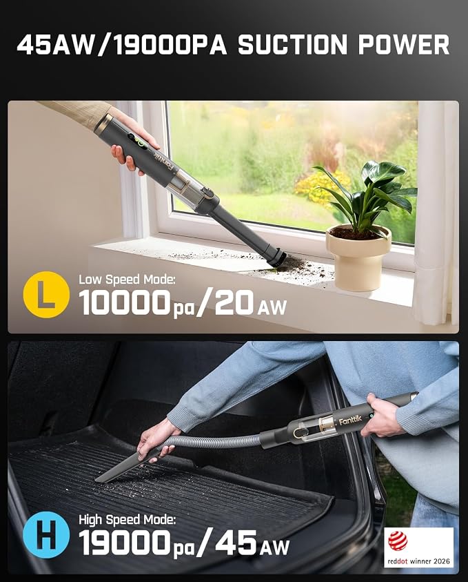 Fanttik Slim V10 APEX Cordless Car Vacuum, 4-in-1 Portable Mini Handheld Vac, 19kPa Suction Power, Upgraded Smart Digital Display, 2 Suction Modes for Small Jobs, Car, Office Desk, Keyboards (Gray)