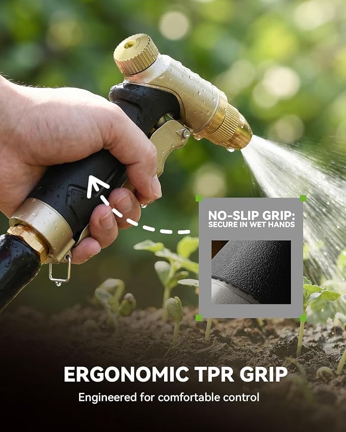 RAINPOINT Garden Hose Nozzle, 100% Heavy Duty Metal Hose Sprayer, High Pressure Water Hose Nozzle with Adjustable Spray Patterns and Flow Control for Watering Plants, Car Washing, Pet Washing, Gold