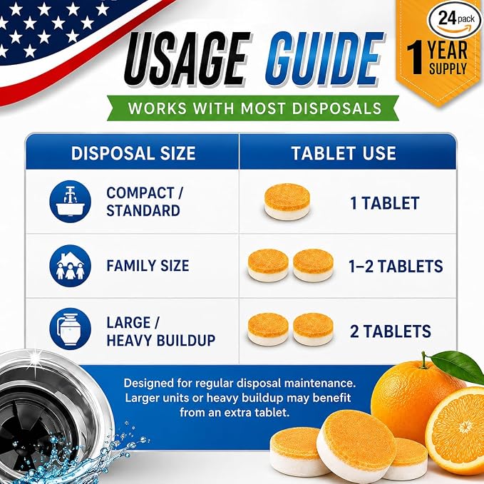 Garbage Disposal Cleaner Deodorizer Tablets, XL Foaming Citrus Sink Drain Disposal Cleaner Tablets Odor Eliminator, Grease Grime Food Residue Remover, Septic Safe, 24 Pack for 1 Year Supply