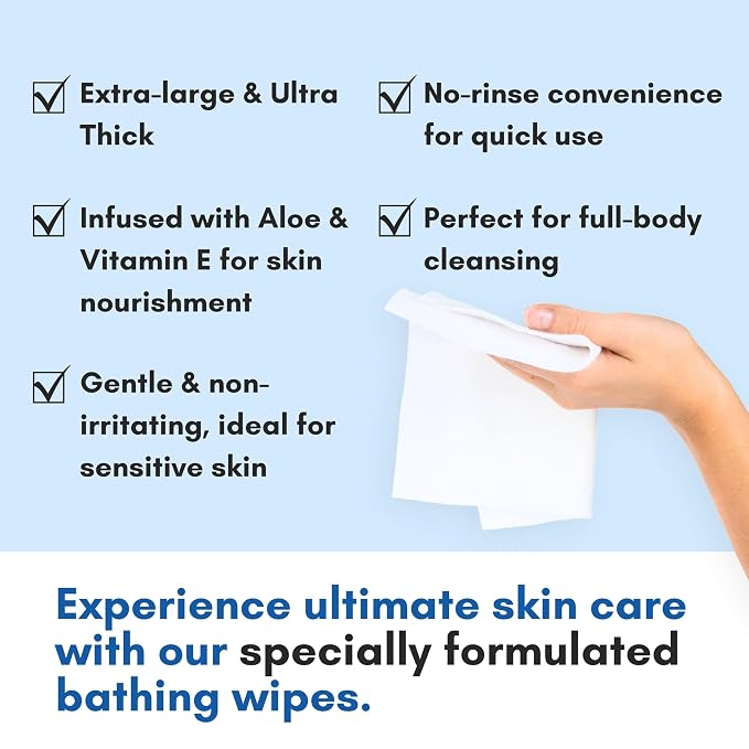 Nurture Rinse Free Bathing Disposable Adult Wipes w/Aloe - Waterless Care | 192 Wipes Waterless Cleansing Disposable Adult Body Bath Wet Wipes for Sensitive Dry Skin Disabled & Bedridden Care Washcloth