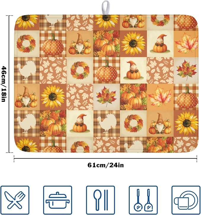 Fall Thanksgiving Dish Drying Mat for Kitchen Counter Autumn Harvest Orange Dish Drainer Mat Rustic Absorbent Washable Drying Pad 18"x24"