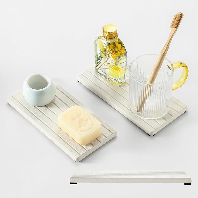 Razborci 2 Pack Greige Bathroom Sink Vanity Trays, Diatomite Stone Kitchen Counter Caddy Dish Soap Dispenser Sponge Holder, Water Absorbing Mat Organizer for Plant,Cosmetic Bottle, Beige, 8"x3.8"