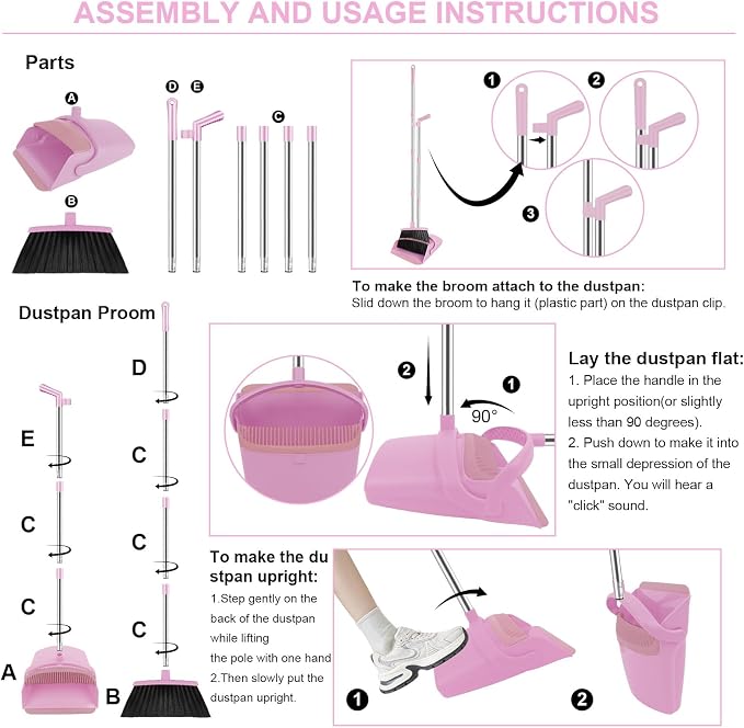 Pink Broom and Dustpan Combo Set, 51" Long Handle Broom with Mini Set | Mini Set for Tables, Kitchens & Tight Spaces, Built-in Comb Dustpan, Foldable Space-Saving Storage, Multi-Surface Use