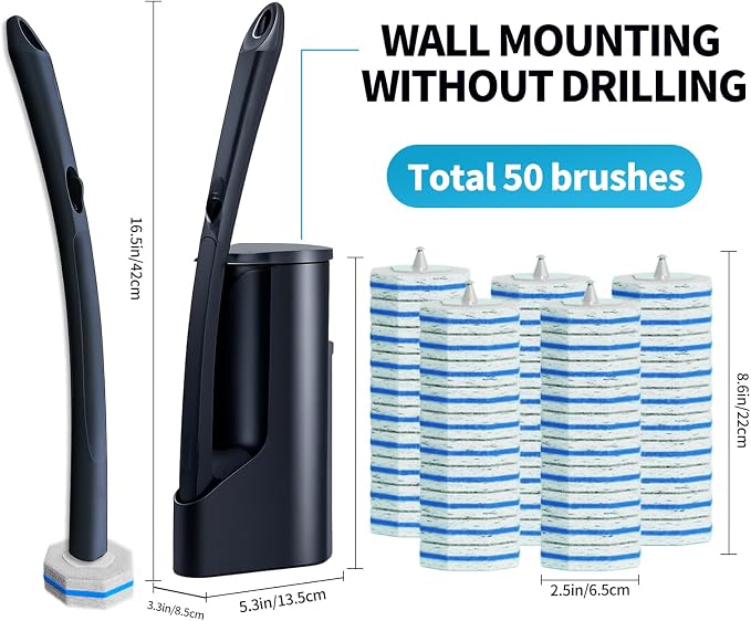 Disposable Toilet Brush with 50 Cleaner Refills Pads，Wall Mounted Toilet Bowl Holder Set，Toilet Cleaning System Starter Kit，Bathroom Cleaning System for Sink Bathtub Wash Basin