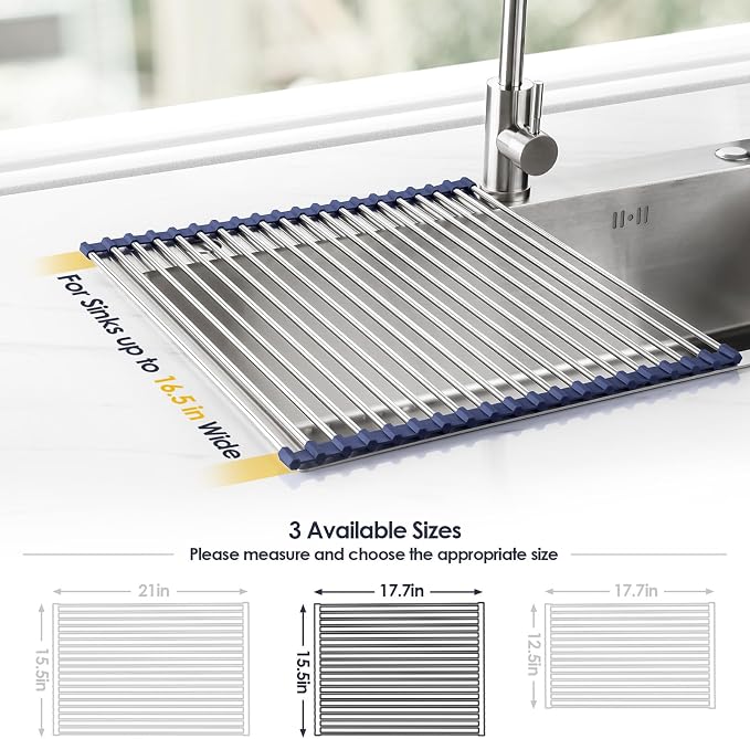 Tomorotec 17.7" x 15.5" Roll Up Dish Drying Rack Over Sink Drying Rack Sink Cover Kitchen Sink Accessories Gadget Multipurpose Organizer Foldable Stainless Steel Drainer