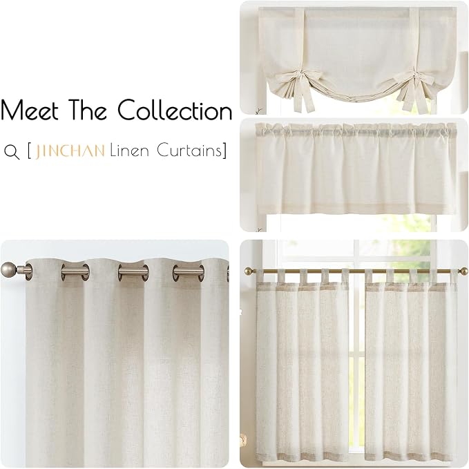 jinchan Beige Rustic Linen Rod Pocket Kitchen Curtains, 26x36, 2 Panels | Light filtering, cafe curtains, machine washable, farmhouse, kitchen, bathrooms, laundry, small window, over sink