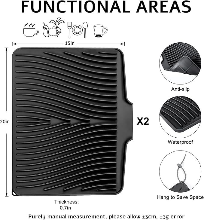 TIKNIK Silicone Dish Drying Mat for Kitchen Counter - Heat Resistant & Non-Slip Dish Drain Pad with Built-In Drain, Dishwasher Safe, Quick-Dry, Hangable & Roll-Up for Storage, Black-2pcs, 20" x 15"