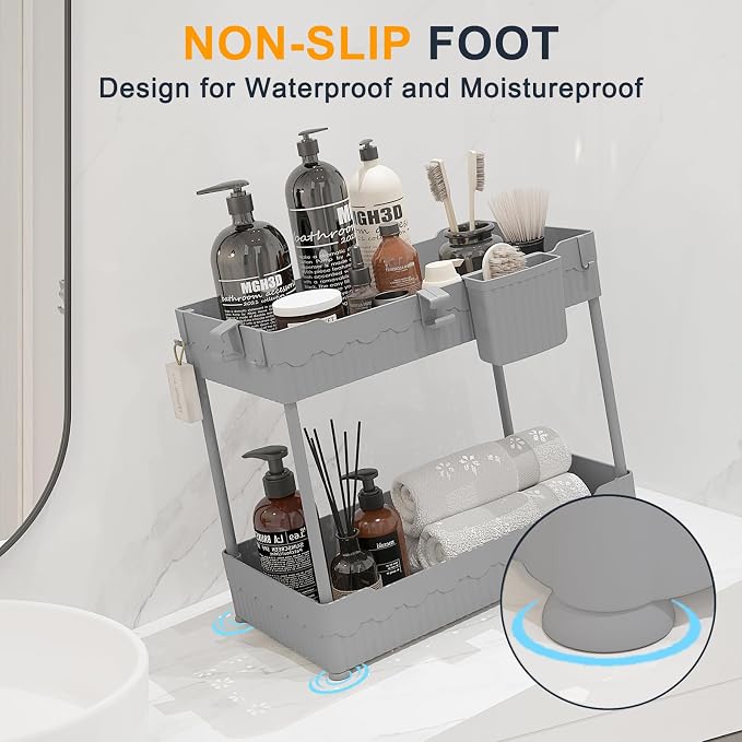 Sevenblue 2 Pack Under Sink Organizer, Under Bathroom Cabinet Organizer with Hooks Hanging Cup, Multi-Purpose Storage Shelf for Kitchen Bathroom (Gray, 12.8 Inch)