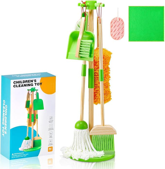WHOHOLL Wooden Kids Cleaning Set Toddler Broom Set for Housekeeping 8 Pcs Broom and Mop Set for Toddlers 3-6, Cleaning Toys with Dustpan Sponge, Christmas Birthday Gifts for Boys Girls (Green)