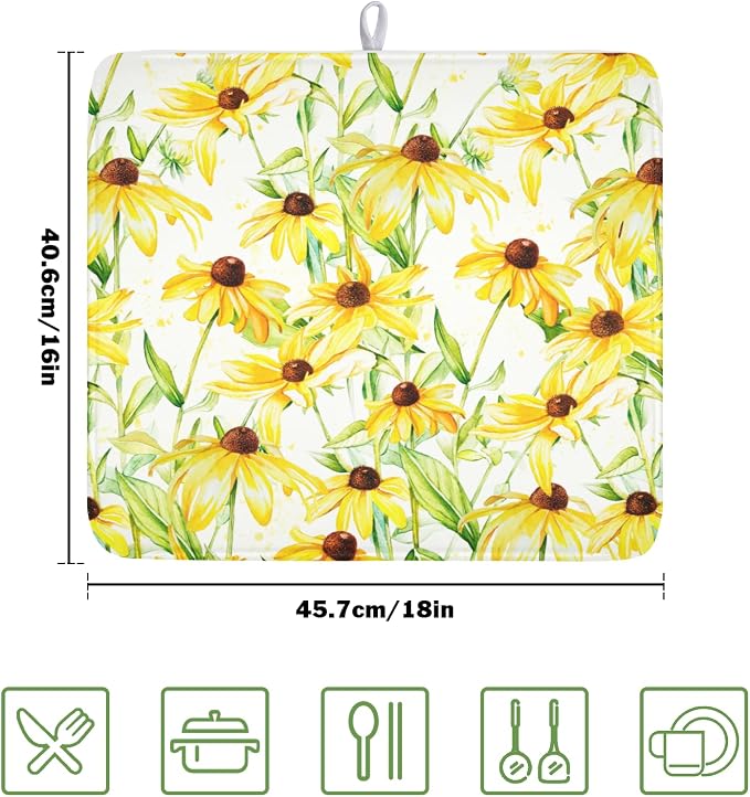Yellow Sunflower Dish Drying Mat for Kitchen Counter 16x18 Inch | Floral，Polyester，Absorbent Microfiber，for Coffee Dining Bar Decor