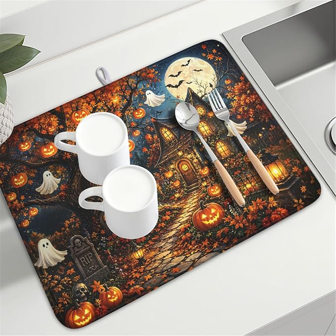 Halloween Dish Drying Mat for Kitchen Counter Seasonal Holiday Fall Spooky Pumpkin Ghost Microfiber Dish Drainer Mat Vintage Rustic Absorbent Washable Drying Pad 18"x24"