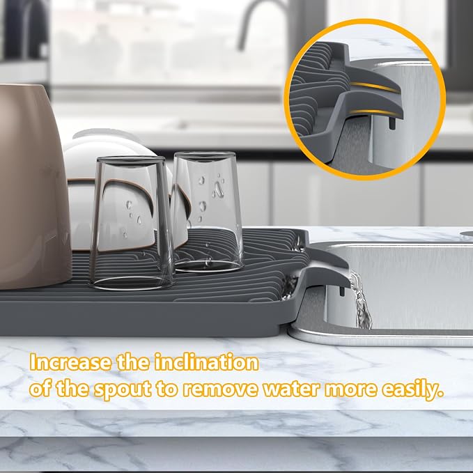 Silicone Dish Drying Mat for Kitchen Counter , Dish Drying Rack Matt with Built in Drain, 18 Inch dish Dry Mats for Kitchen Counter,Bumps up sink Applicable(18×12inch Extra Raised, gray)