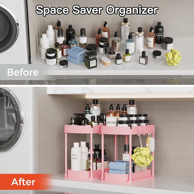 Ukeetap 2 Pack Multi-Purpose Pull-Out Storage Organizers, Under Sink Organizers and Storage for Bathroom & Kitchen, Under Cabinet Organizers and storage, 14.8 Inch, Pink