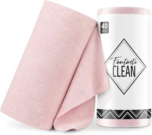 Fantasticlean Microfiber Cleaning Cloth Roll- 40 Sheets, 12" x 12" (Pink) | Super Absorbent, Lint-free, Tear-away Microfiber Towel Roll, for All-Purpose Cleaning, Reusable Alternative to Paper Towels
