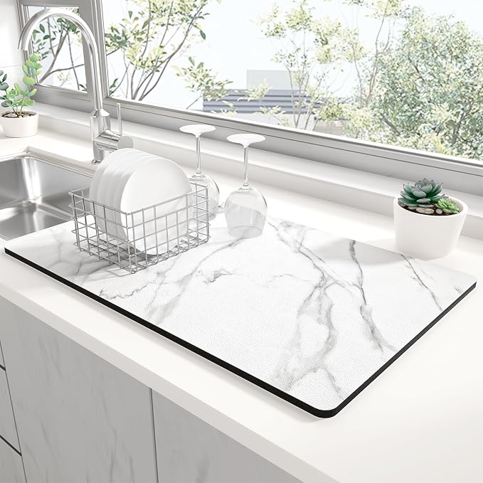 Rnivvi Dish Drying Mat for Kitchen Counter, 12 x 19" Cute Marble Super Absorbent Draining Pad, Non-Slip Heat Resistant Coffee Bar Mats for Coffee Machine Station Accessories, White Dish Rack Pad