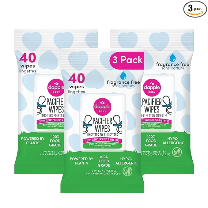 Dapple Baby Pacifier Wipes for Infants and Toddlers - (3 Pack) 40 Count - Fragrance-Free, Hypoallergenic & Food-Grade - Diaper Bag Essentials