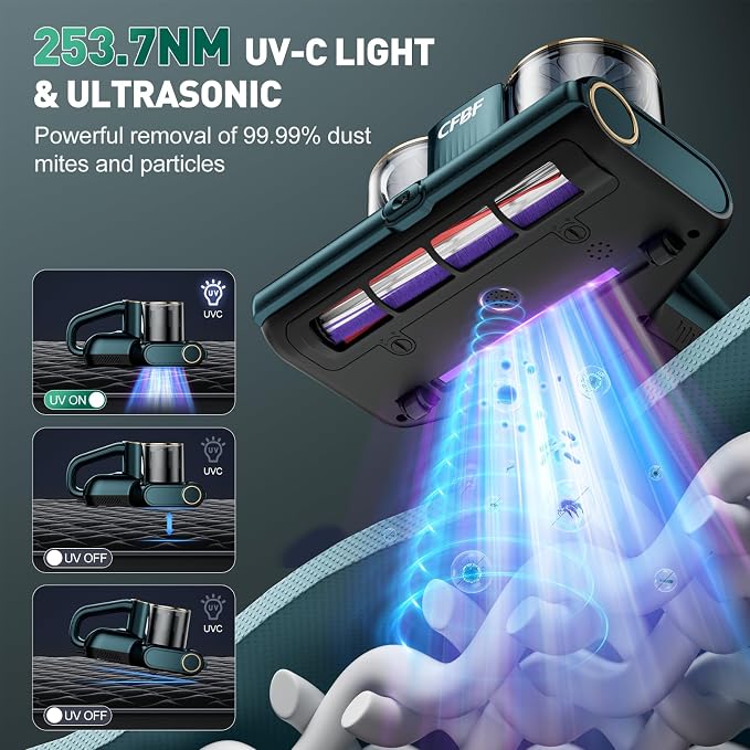 CFBF Mattress Bed Vacuum Cleaner with 16Kpa Suction & 253.7nm UV-C Light | Ultrasonic & High Heating, 500W Powerful Double-Cup Handheld Vacuums for Bed, Sofa, Couch, Crib, 16.4FT Corded