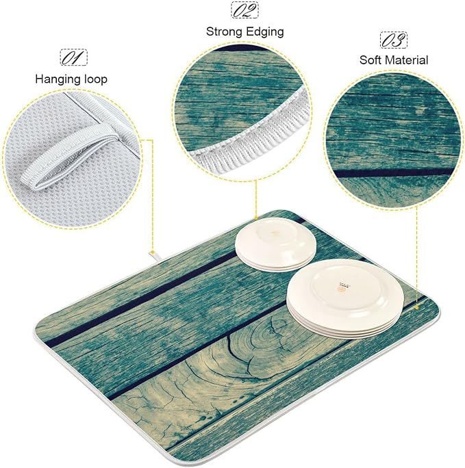 Super Absorbent Dish Drying Mat, Microfiber Fast-Drying Dish Mat, 24" x 18", Kitchen Dish Drying Pad, Vintage Retro Wooden Background