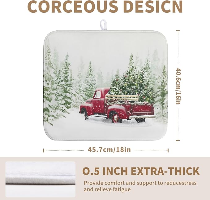 Christmas Dish Drying Mat Red Truck Xmas Tree Drying Mats for Kitchen Counter Winter Holiday Dishes Drainer Mats Absorbent Microfiber Dish Draining Pad Extra 16x18 Inch