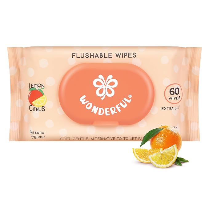 WONDERFUL Flushable Butt Wipes, Lemon Citrus 100% Plant-Based Wet Wipes for Adults & Kids; Sewer, Septic Safe; Gentle for Sensitive Skin, Wipes Flushable Pack for Bathroom & Travel, 1-Pack (60 Count)