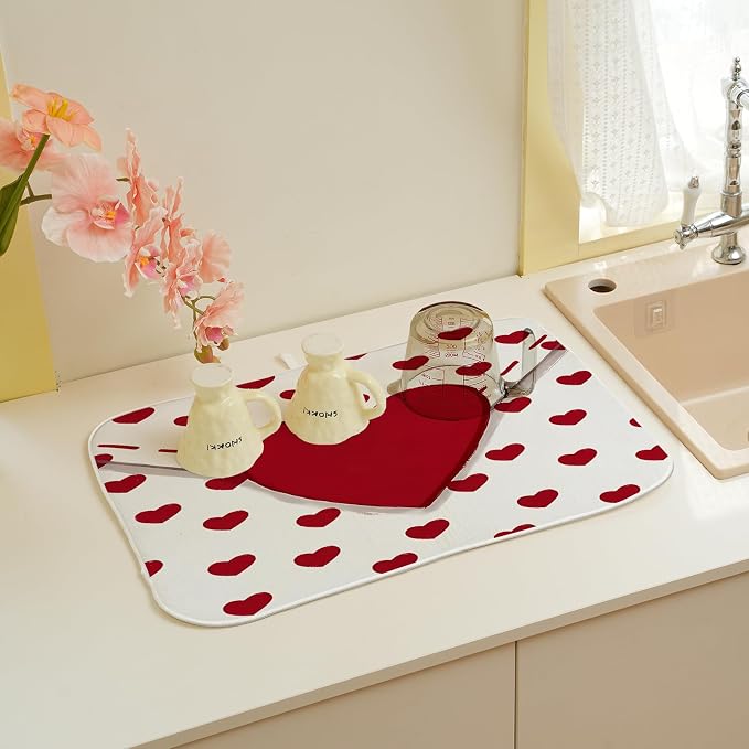 Valentines Dish Drying Mat 18x24 Inch Red Hearts Dish Drainer Protector Pad for Kitchen Counter Absorbent Holiday Love Drying Pad for Drainer Rack Kitchen Fast Dry
