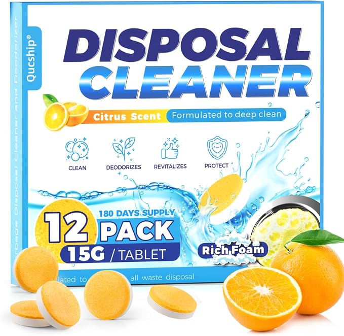 Garbage Disposal Cleaner Tablets, 12 Count, 6 Month Supply | Foaming Action, Food Residue and Buildup Cleaning, Hard-To-Reach Areas, Easy Drop-In Tablets, Reduce Disposal Odors
