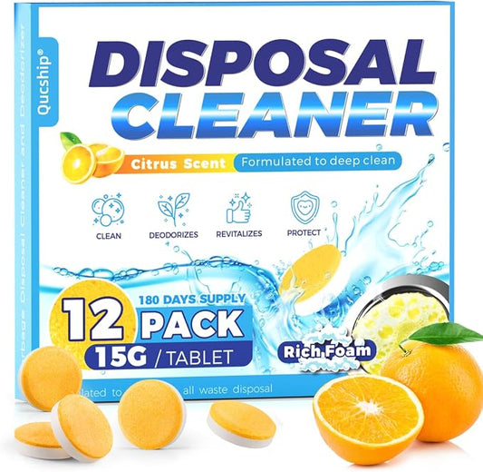 Garbage Disposal Cleaner Tablets, 12 Count, 6 Month Supply | Foaming Action, Food Residue and Buildup Cleaning, Hard-To-Reach Areas, Easy Drop-In Tablets, Reduce Disposal Odors