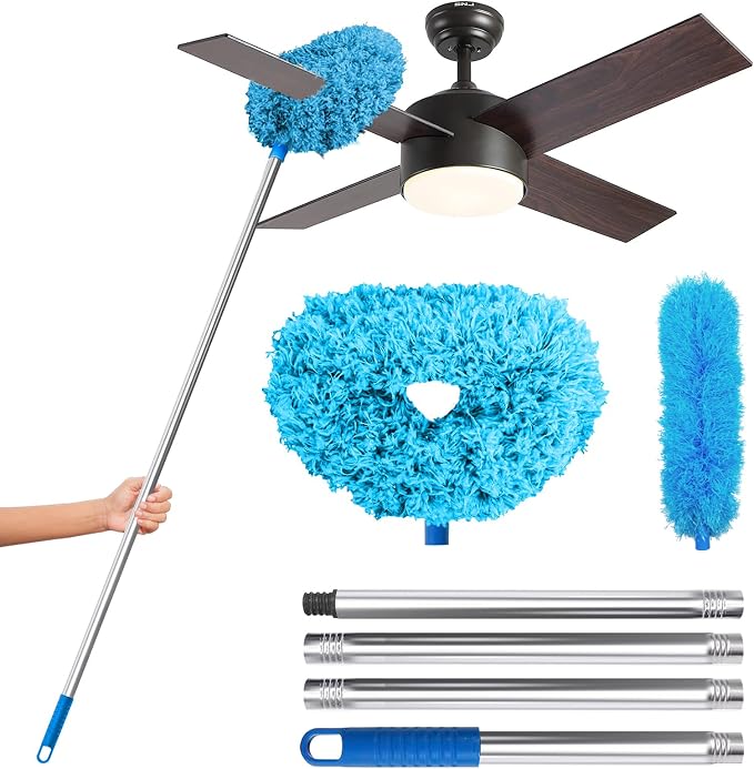DRQ Ceiling Fan Cleaner Duster, 2 Pack Reusable Microfiber Duster with Extension Pole, 13 to 48 Inch Fan Blade Cleaner, Removable Dusters for Cleaning Walls Bookshelves Door Window Top (Blue)
