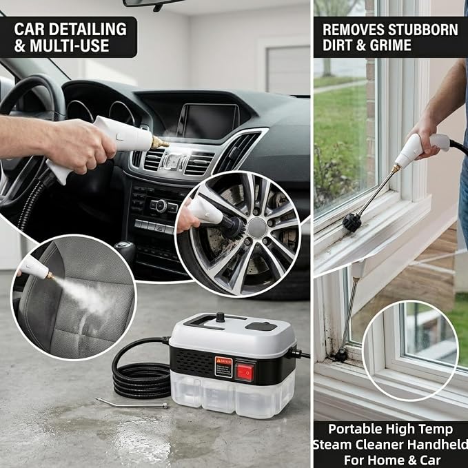 Foandbevi 1200W Handheld Steam Cleaner with 6 Adjustable Levels, 105℃ High-Pressure Portable Steam Cleaning Machine for Car Detailing, Tile Grout, Couch, Mattress, Bed & Home - 6 in 1 Attachments