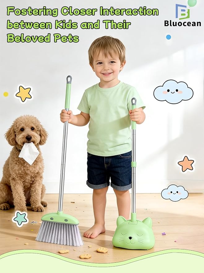 28'' Kids Mini Broom with Dustpan & Mop Set - Toddler Cleaning Toy, Toddler Household Helper, Parent-Child Interactive Play Cleaning Tool, Cute Cartoon Design, Small Safe Corner Broom (Green)