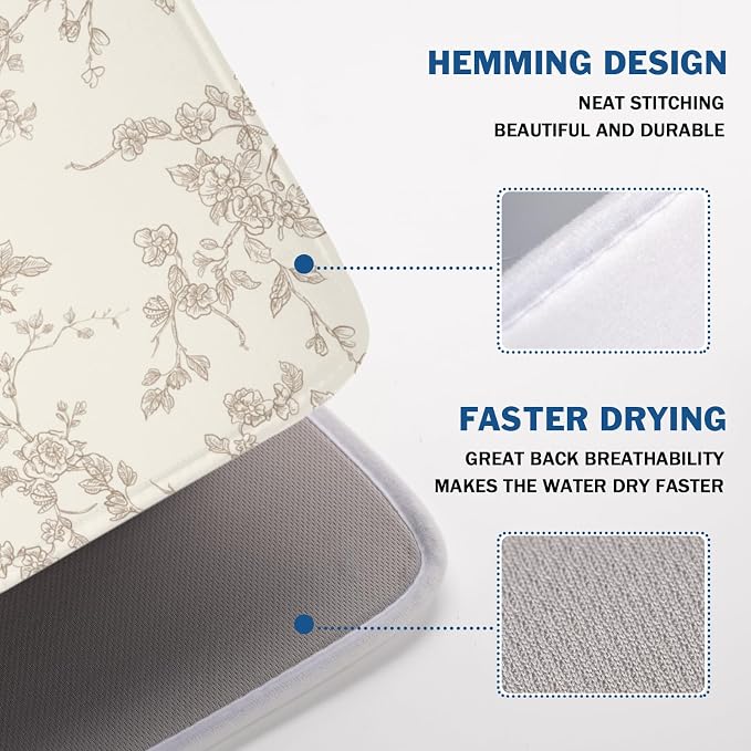 Brown and Cream Chinoiserie Floral Dish Drying Mat 18x24 Inch | Polyester，Absorbent Microfiber，for Kitchen Coffee Dining Bar Decor