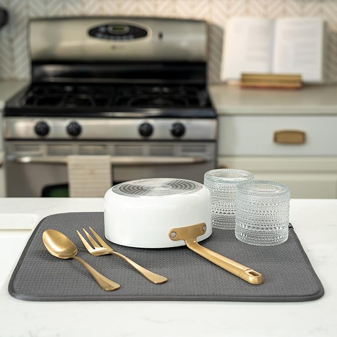 S&T INC. Dish Drying Mat, 2 Pack, 16" x 18", Large, Charcoal Grey | Absorbent Microfiber, 2PK Kitchen Counter Mat for Dishes, Utensils, Pots and Pans, Machine Washable