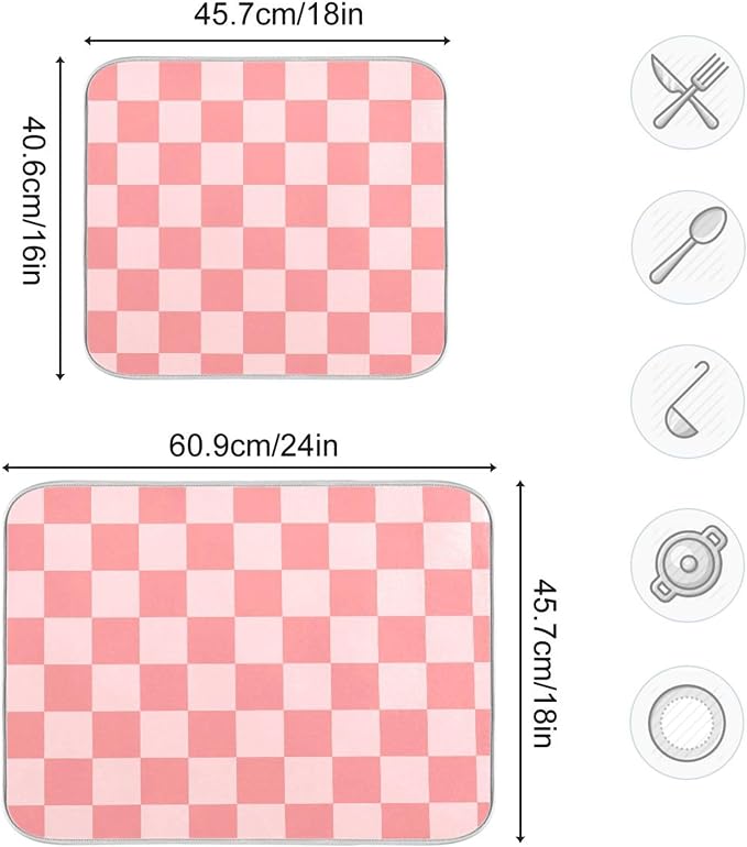 Buffalo Plaid Pink Dish Drying Mat for Kitchen Countertop 18x24 Chessboard Rectangle Large Drying Mat Reusable Quick Dry Dish Sink Absorbent Mats Dishwasher Easy Clean Decorative Home Essentials