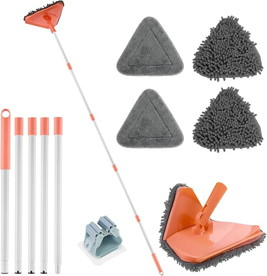 RONSUNG Wall Cleaner Mop, 82-Inch Handle, Baseboard Cleaner Tool, 4 Pads | Wall scrubber with long handle, triangle head, squeegee, and 4 pads for walls, ceilings, windows, baseboards, and floors